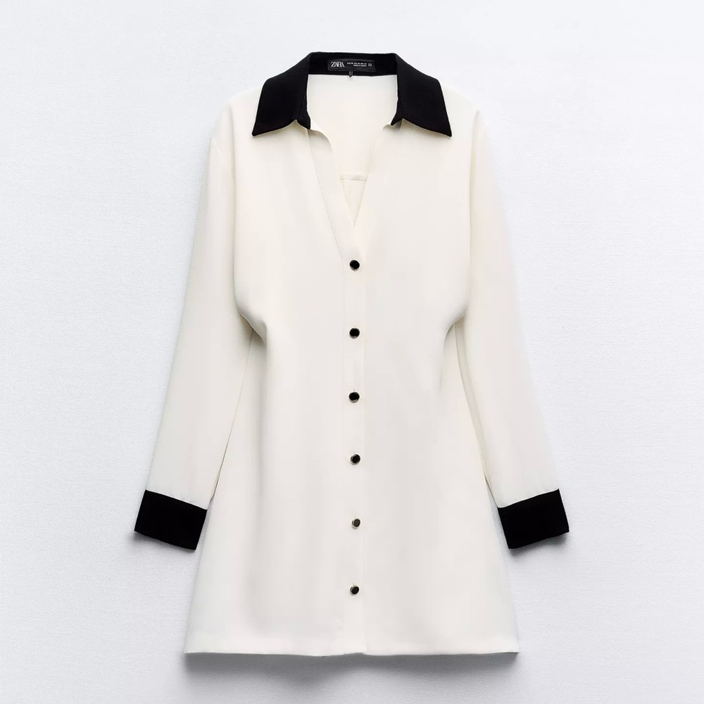Zara Cream and Black 3/4 Sleeve Button Down Dress